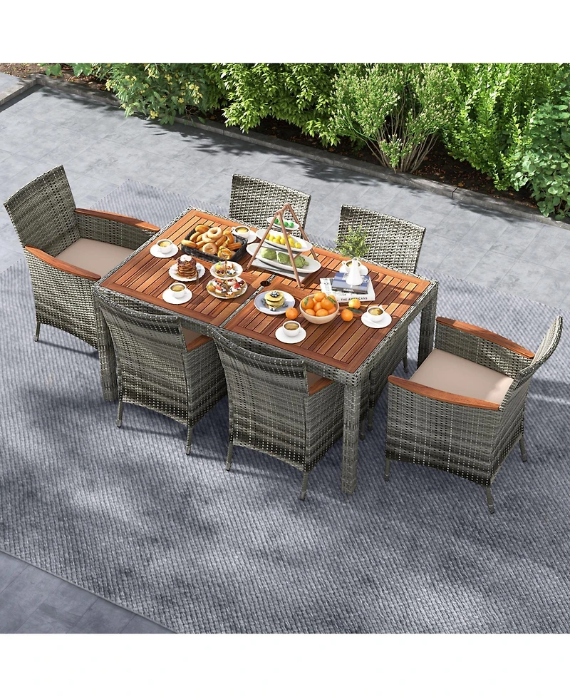 7 Pieces Patio Acacia Wood Cushioned Pe Rattan Wicker Dining Set