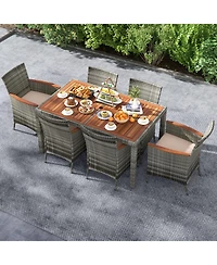 7 Pieces Patio Acacia Wood Cushioned Pe Rattan Wicker Dining Set
