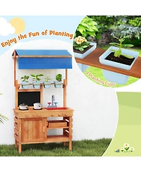 Wooden Pretend Play Kitchen with Height Adjustable Canopy for Kids