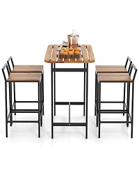 5 Piece Acacia Wood Bar Table Set Bar Height Table and Chairs with Metal Frame and Footrest