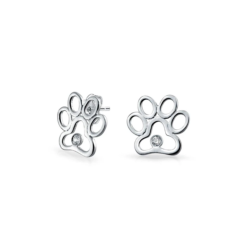 Bling Jewelry Bff Cz Stud Earrings Pet Lovers with Cat Dog Paw Print in Sterling Silver