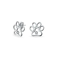 Bling Jewelry Bff Cz Stud Earrings Pet Lovers with Cat Dog Paw Print in Sterling Silver