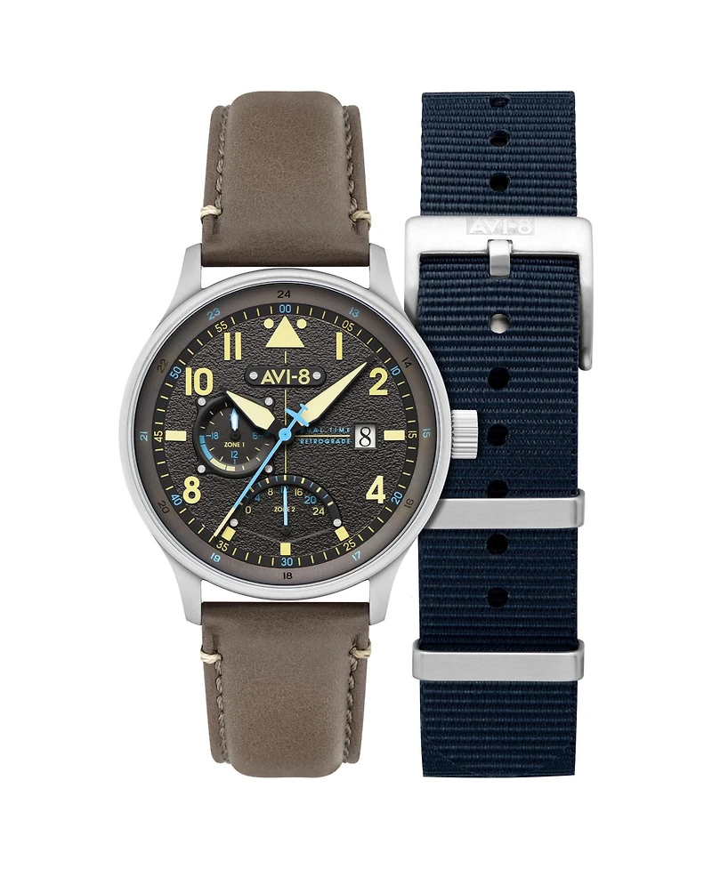 Avi-8 Men's Hawker Hurricane Mckellar Dual-Time Gray Leather Strap Watch, 44mm
