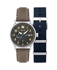 Avi-8 Men's Hawker Hurricane Mckellar Dual-Time Gray Leather Strap Watch, 44mm