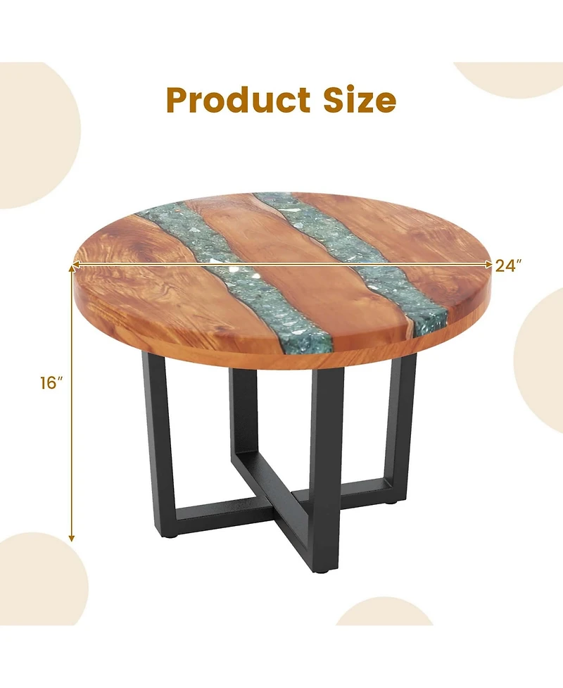 24" Round Teak Wood End Table with Epoxy Resin Tabletop Mahogany Base for Patio