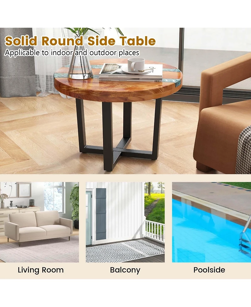 24" Round Teak Wood End Table with Epoxy Resin Tabletop Mahogany Base for Patio