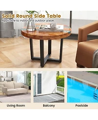 24" Round Teak Wood End Table with Epoxy Resin Tabletop Mahogany Base for Patio