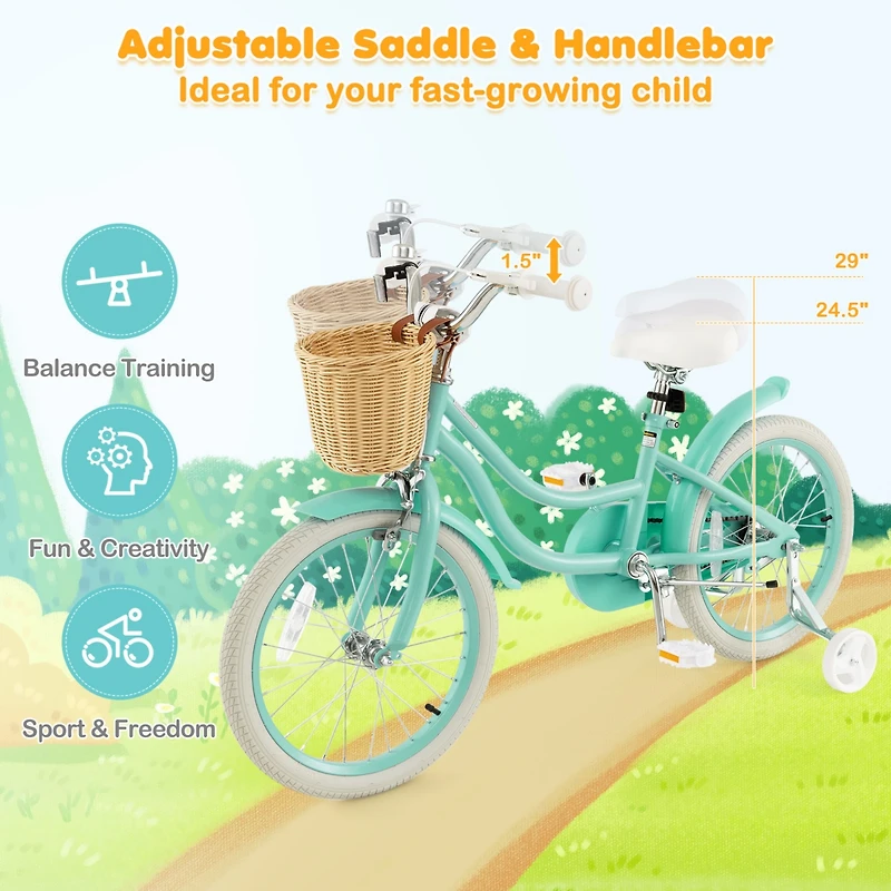 Kids Bike with Training Wheels and Adjustable Handlebar Seat Safe Comfortable Bicycle for Toddlers Young Riders