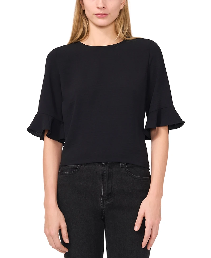 CeCe Women's Textured Ruffled-Cuff 3/4-Sleeve Crew Neck Blouse