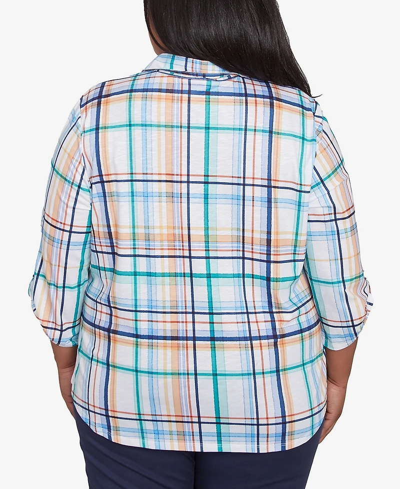 Alfred Dunner Plus Size Nantucket Plaid Knit Button Front Collared Top