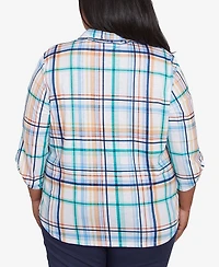 Alfred Dunner Plus Size Nantucket Plaid Knit Button Front Collared Top