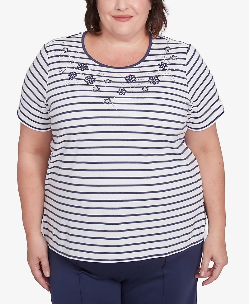 Alfred Dunner Plus Size Nantucket Beaded Floral Striped Crew Neck T-Shirt