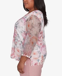 Alfred Dunner Plus Estate of Mind Floral Mesh Watercolor Crew Neck Top