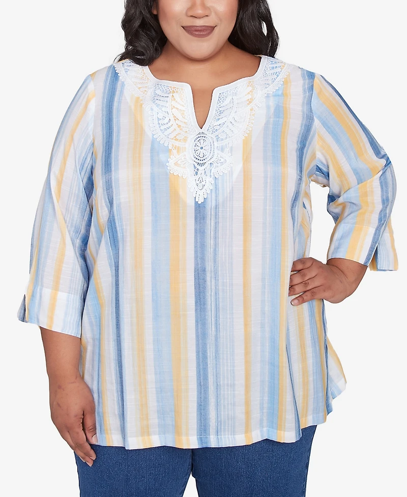Alfred Dunner Plus Size Flower Power Striped Flower Detail Button Front Top