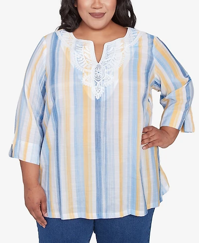 Alfred Dunner Plus Size Flower Power Striped Flower Detail Button Front Top