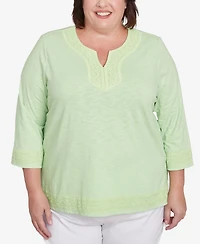 Alfred Dunner Plus Parrot Cay Solid Split Neck Lace Trim Top