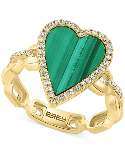 Effy Malachite (13 x 10mm) & Diamond (1/4 ct. t.w.) Heart Ring in 14k Gold over Silver