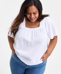 Style & Co Plus Smocked-Square-Neck Short-Sleeve Cotton Top, Exclusively at Macy's