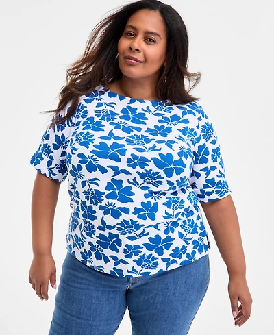 Style & Co Plus Printed Elbow-Sleeve Top, Exclusively at Macy's