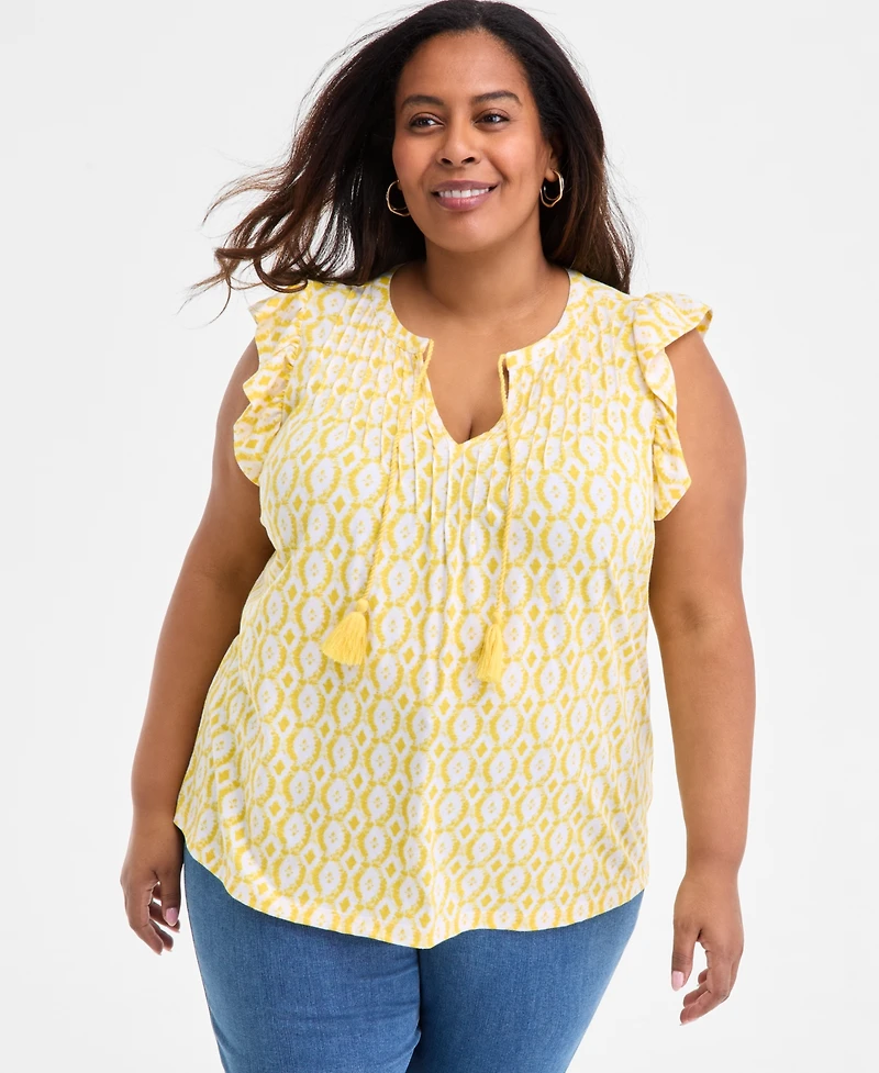 Style & Co Plus Printed Ruffle Pintuck Top