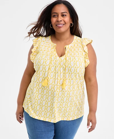 Style & Co Plus Printed Ruffle Pintuck Top
