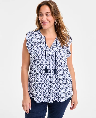 Style & Co Plus Size Printed Ruffle Pintuck Top, Exclusively at Macy's