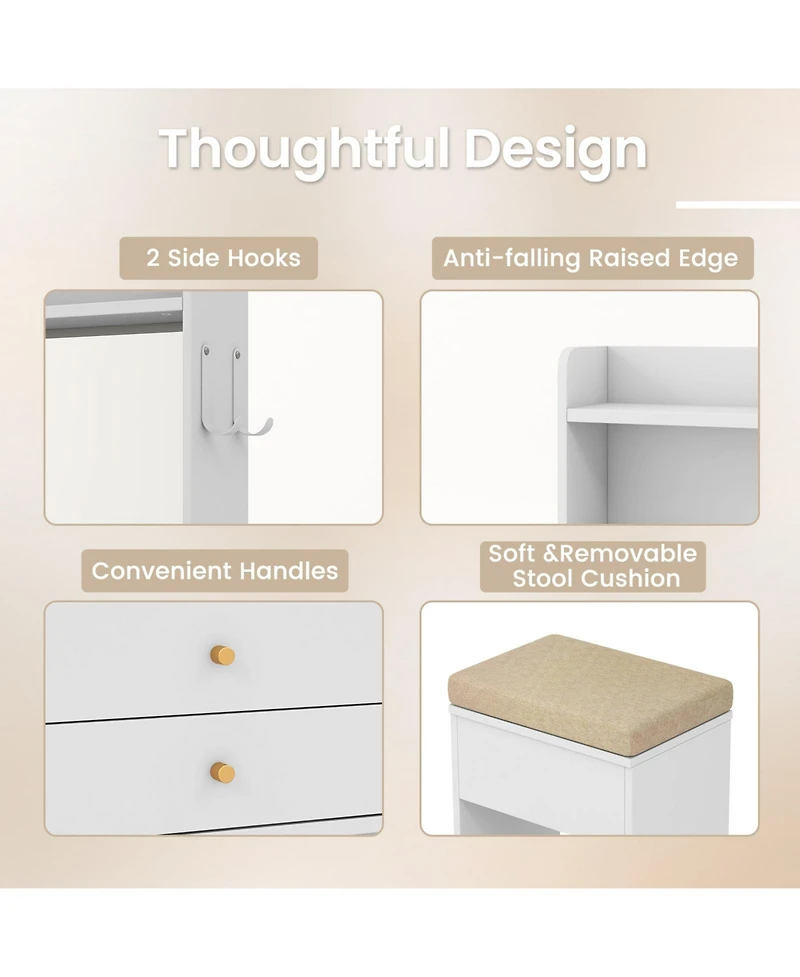 Compact Vanity Desk with 3-Color Lighted Mirror and Built-In Power Outlets