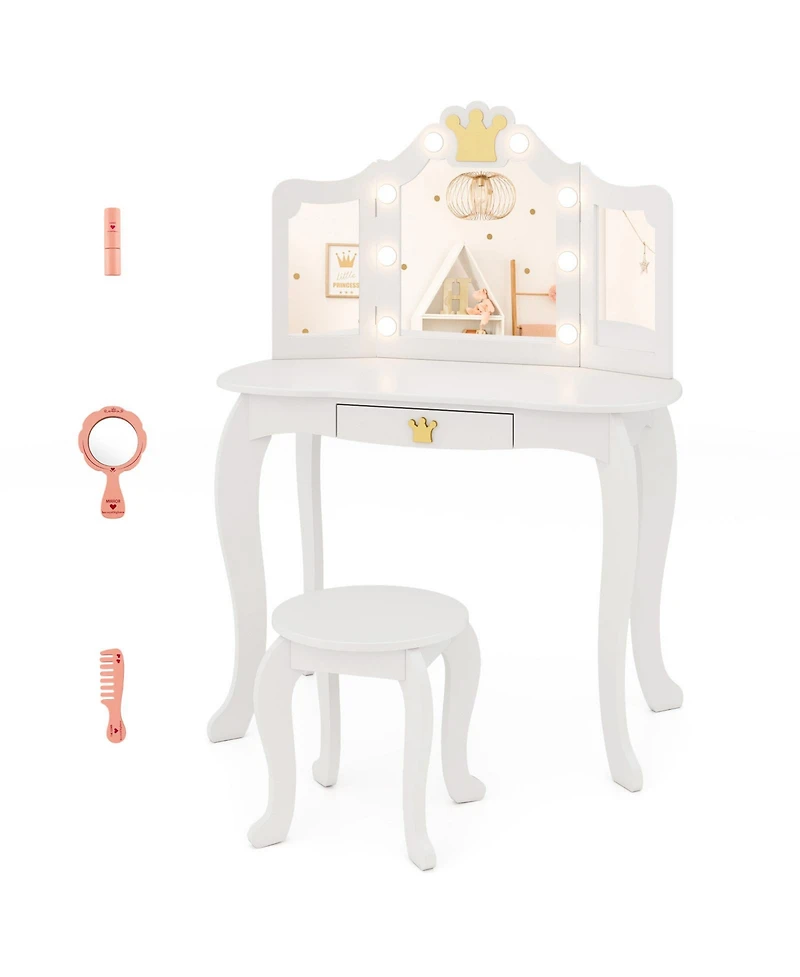 Kids Vanity Set with Tri-Fold Lighted Mirror, Detachable Top, and Stool Fun Dressing Table for