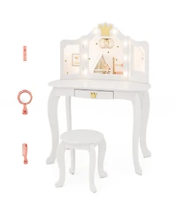 Kids Vanity Set with Tri-Fold Lighted Mirror, Detachable Top, and Stool Fun Dressing Table for
