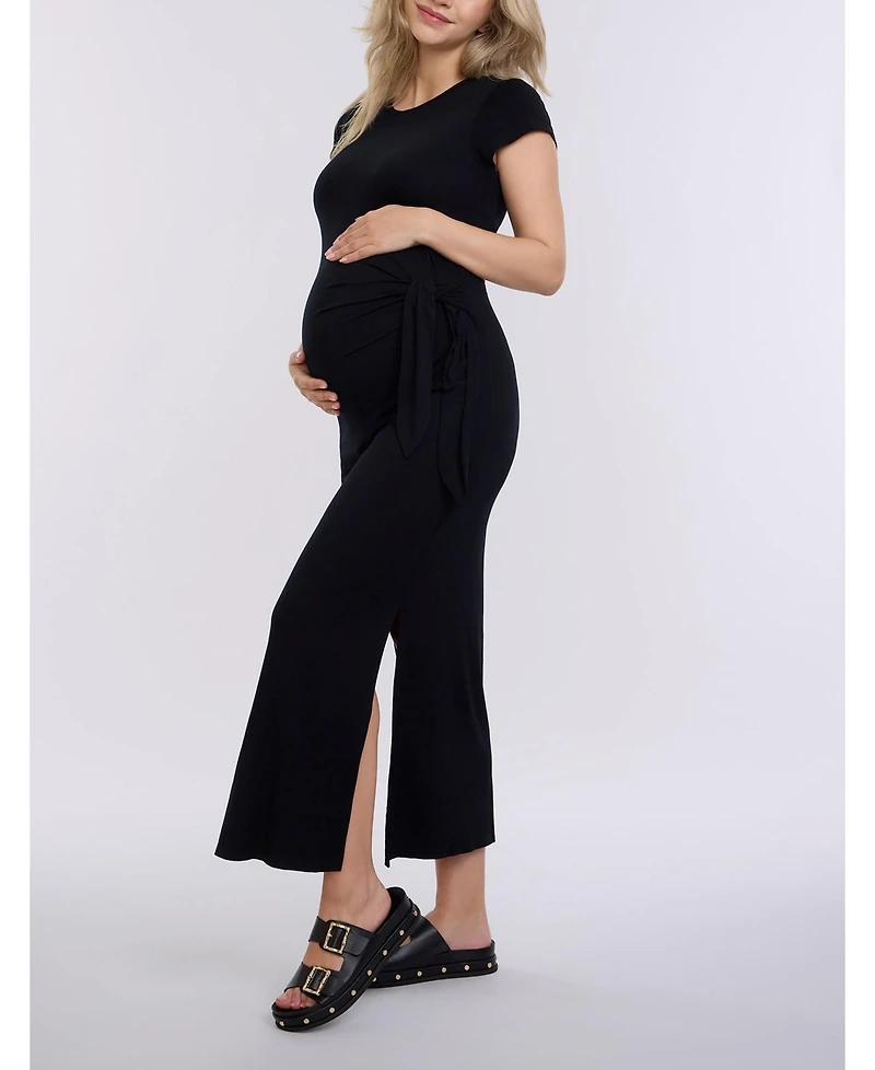 Motherhood Maternity Crew Neck Short Sleeve Side Tie Midi Dress