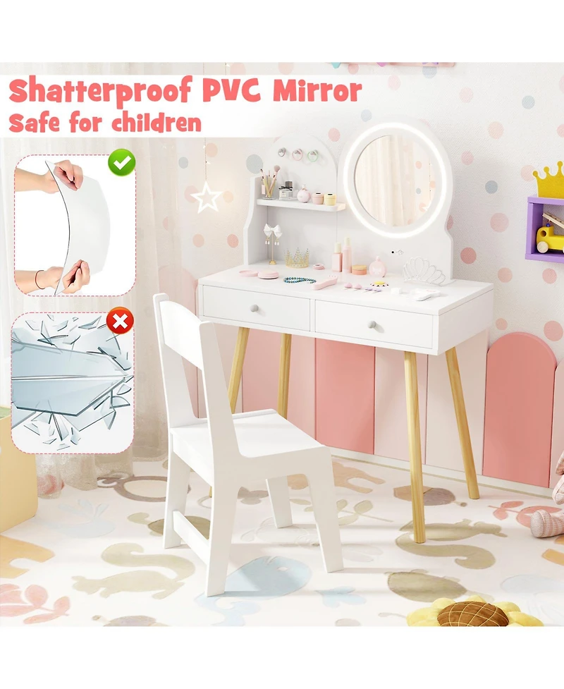 Kids Vanity Set with Light-Up Mirror, Chair, and Princess Makeup Desk
