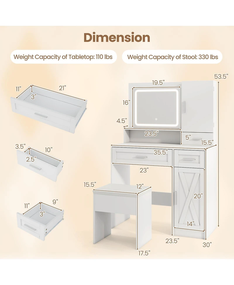 Makeup Vanity Desk with Mirror and Lights Dressing Table and Stool Set