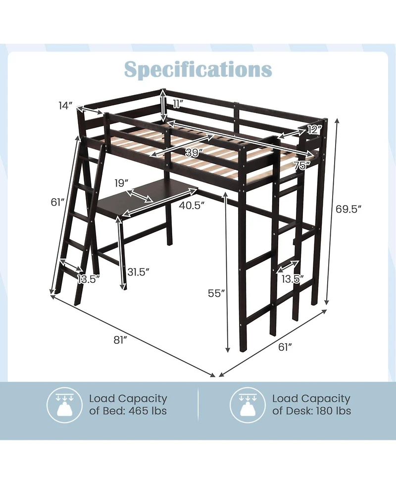 Loft Bed Frame with Angled Desk and Built-in Ladder Space-Saving Design for Bedroom or Dorm