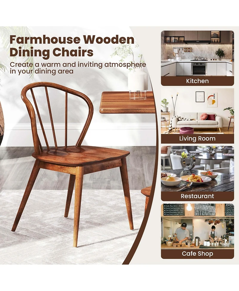 Wooden Dining Chair Set of 4 with High Spindle Back Rubber Wood Legs Wide Seat