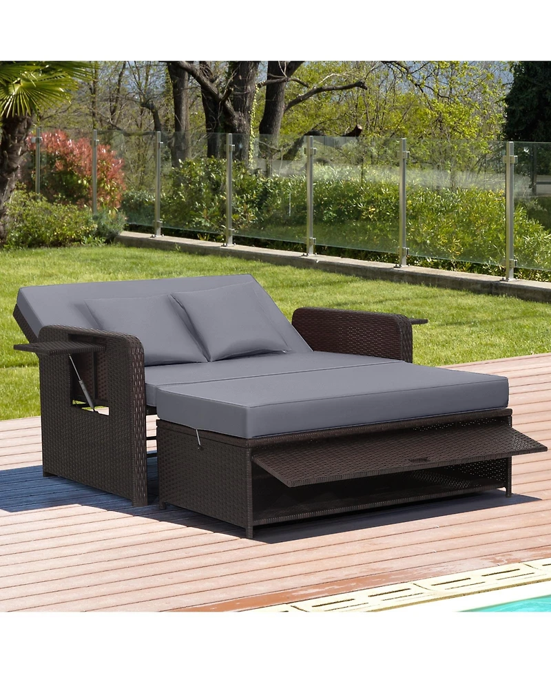 Patio Rattan Daybed with 4-Level Adjustable Backrest and Retractable Side Tray