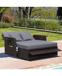 Patio Rattan Daybed with 4-Level Adjustable Backrest and Retractable Side Tray