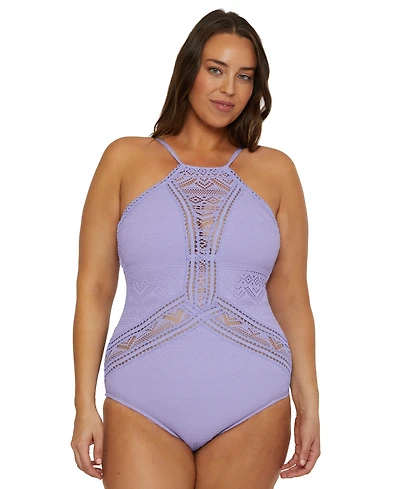 Becca Etc Plus Color Play Crocheted High Neck One-Piece Swimsuit