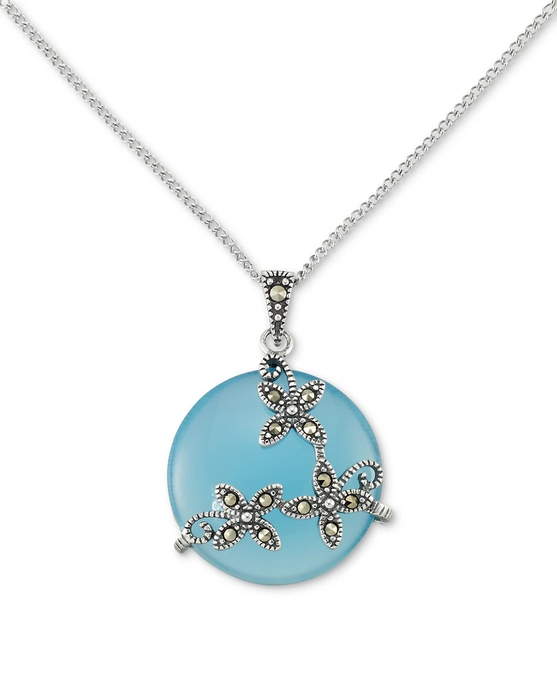 Blue Agate & Marcasite Flower Disc 18" Pendant Necklace in Sterling Silver