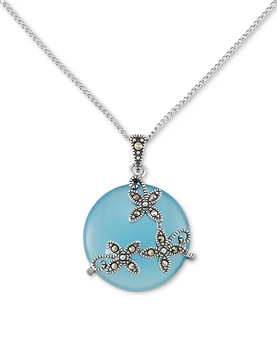 Blue Agate & Marcasite Flower Disc 18" Pendant Necklace in Sterling Silver