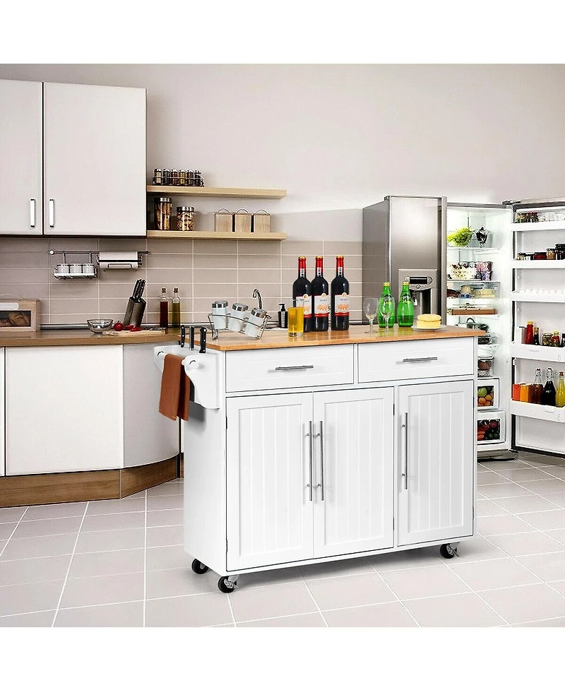 Rolling Kitchen Trolley Cart with Wood Countertop and Storage Cabinet