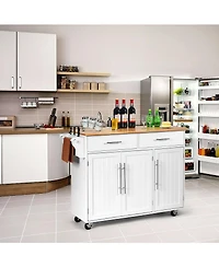 Rolling Kitchen Trolley Cart with Wood Countertop and Storage Cabinet
