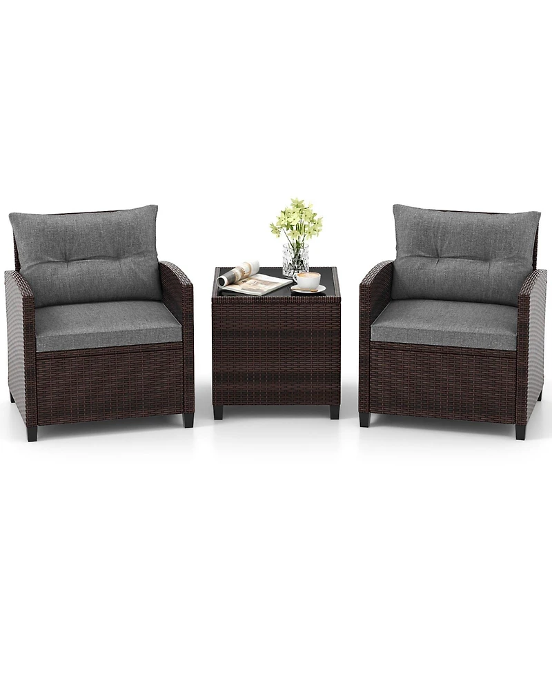 3 Pieces Rattan Patio Furniture Set with Washable Cushion