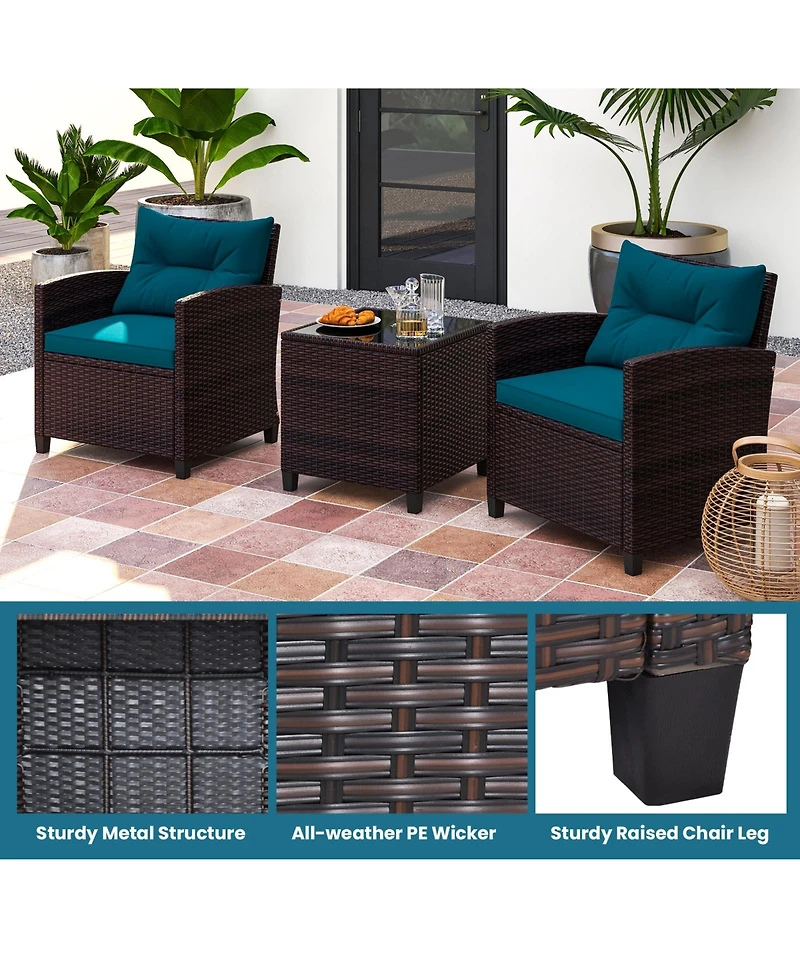 3 Pieces Rattan Patio Furniture Set with Washable Cushion
