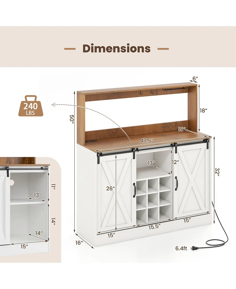 Farmhouse Coffee Bar Cabinet with Charging Station and Sliding Barn Doors