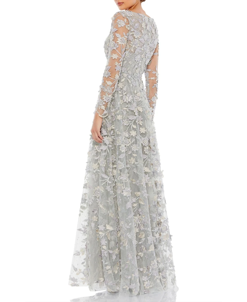 Mac Duggal Women's Floral Applique Long Sleeve Illusion Gown