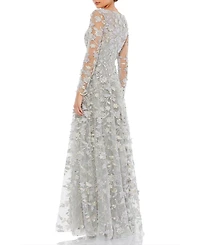 Mac Duggal Women's Floral Applique Long Sleeve Illusion Gown