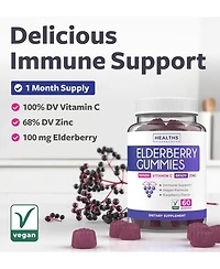 Elderberry Gummies with Vitamin C & Zinc, Immune Support Supplement for Adults, Raspberry Flavor, Health's Harmony, 60ct