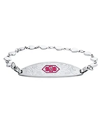 Bling Jewelry Feminine Antique Style Floral Leaf Medical Id Bracelet Pink Heart Link Chain 7.5"