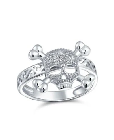 Bling Jewelry Cocktail Statement Ring Cz Pirate Skull Crossbones For Punk Goth In Sterling Silver