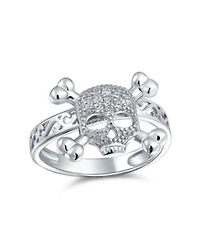 Bling Jewelry Cocktail Statement Ring Cz Pirate Skull Crossbones For Punk Goth In Sterling Silver